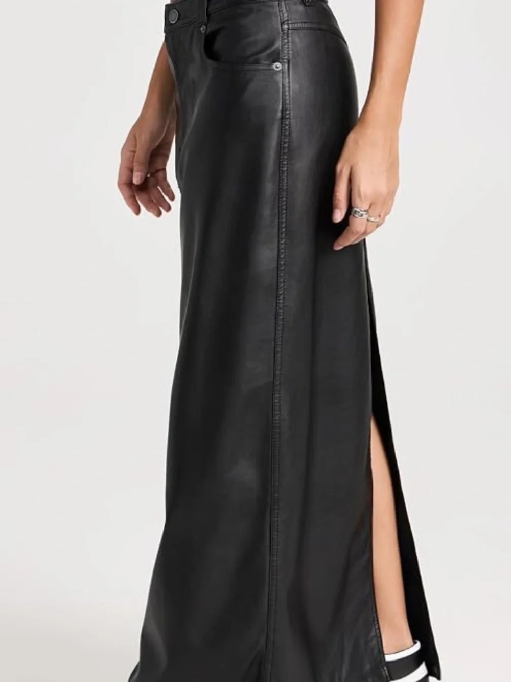 Free People City Slicker Vegan Leather Maxi Skirt Black High Rise A-Line Slit - Picture 13 of 14